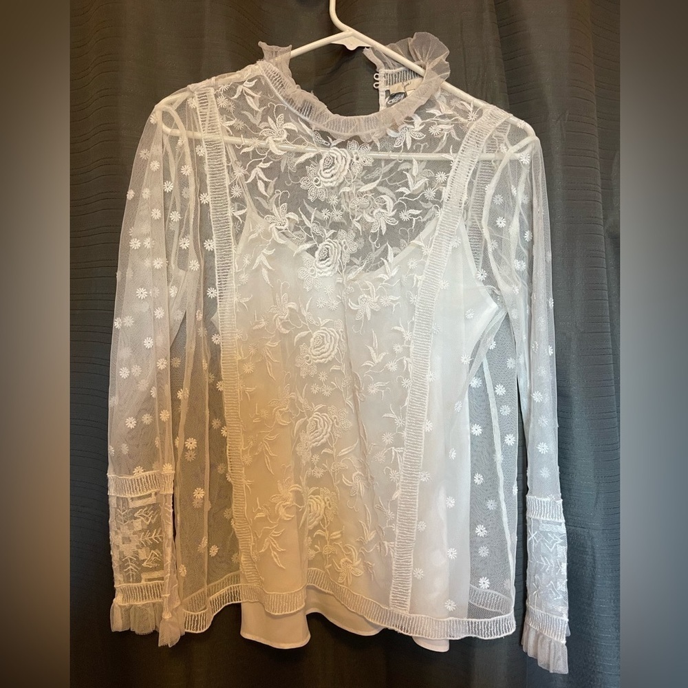 Joie Jaelin lace top; sheer with lace cami; long sleeve; cream - Picture 3 of 6